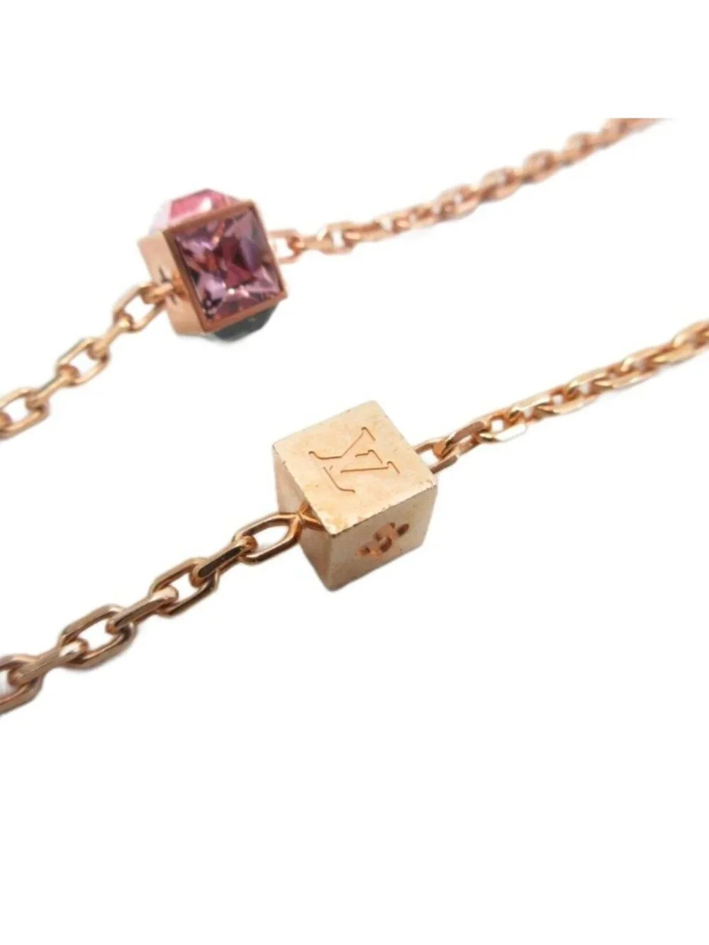 Louis Vuitton Collier Gamble Necklace LV Logo Cube Rhinestone Gold